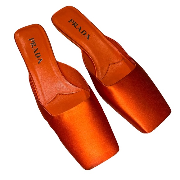 PRADA Modellerie Satin Mules Orange Arancio EU 38.5 Square Toe Kitten Heel RARE - Picture 6 of 13